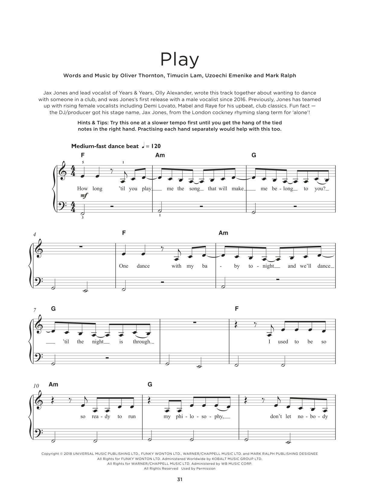 Download Jax Jones & Years & Years Play Sheet Music and learn how to play Really Easy Piano PDF digital score in minutes