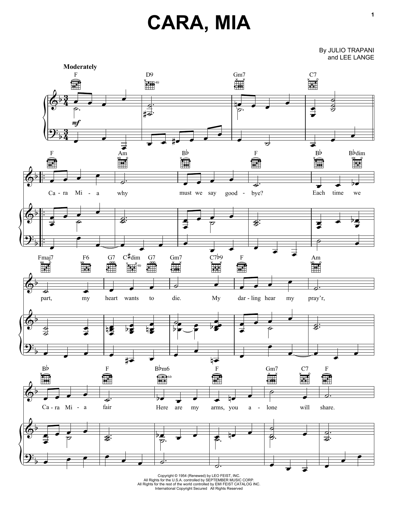 Download Jay & The Americans Cara, Mia Sheet Music and learn how to play Piano, Vocal & Guitar (Right-Hand Melody) PDF digital score in minutes