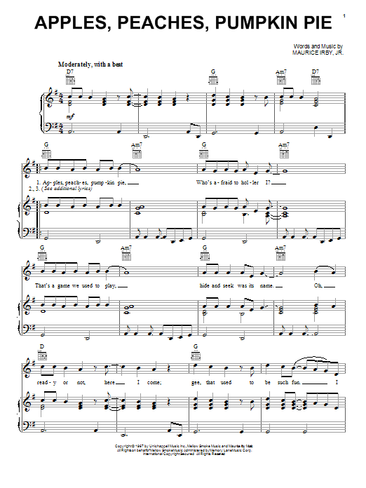 Download Jay & The Techniques Apples, Peaches, Pumpkin Pie Sheet Music and learn how to play Piano, Vocal & Guitar (Right-Hand Melody) PDF digital score in minutes