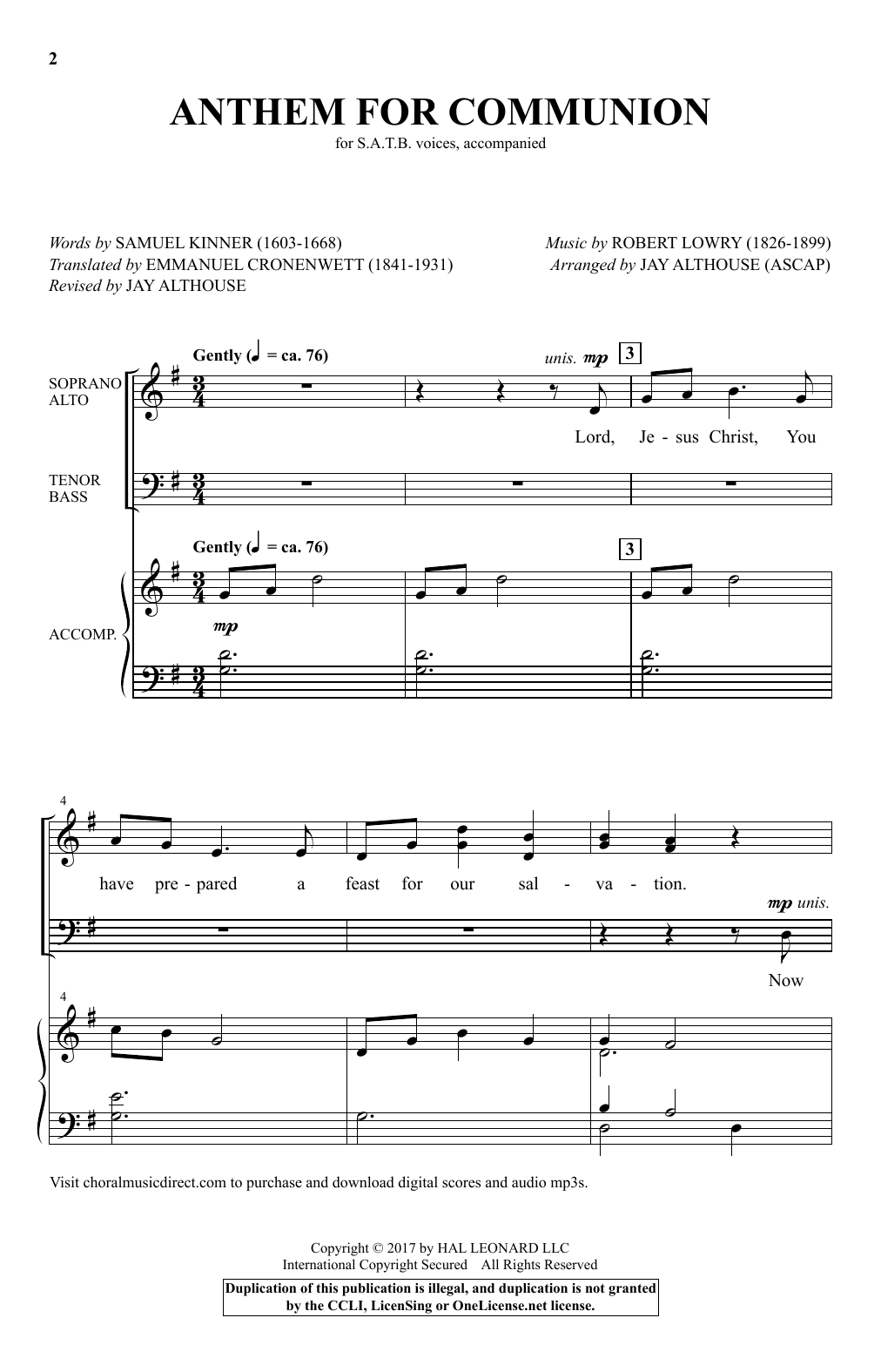 Download Jay Althouse Anthem For Communion Sheet Music and learn how to play SATB PDF digital score in minutes