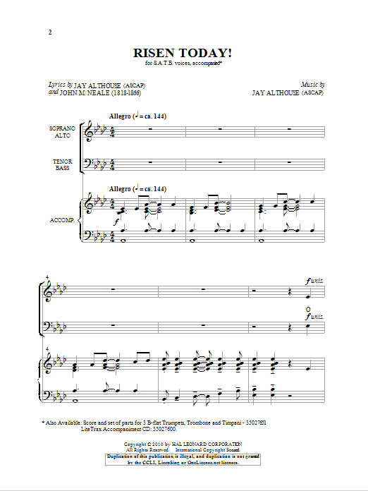 Download Jay Althouse Risen Today! Sheet Music and learn how to play SATB PDF digital score in minutes