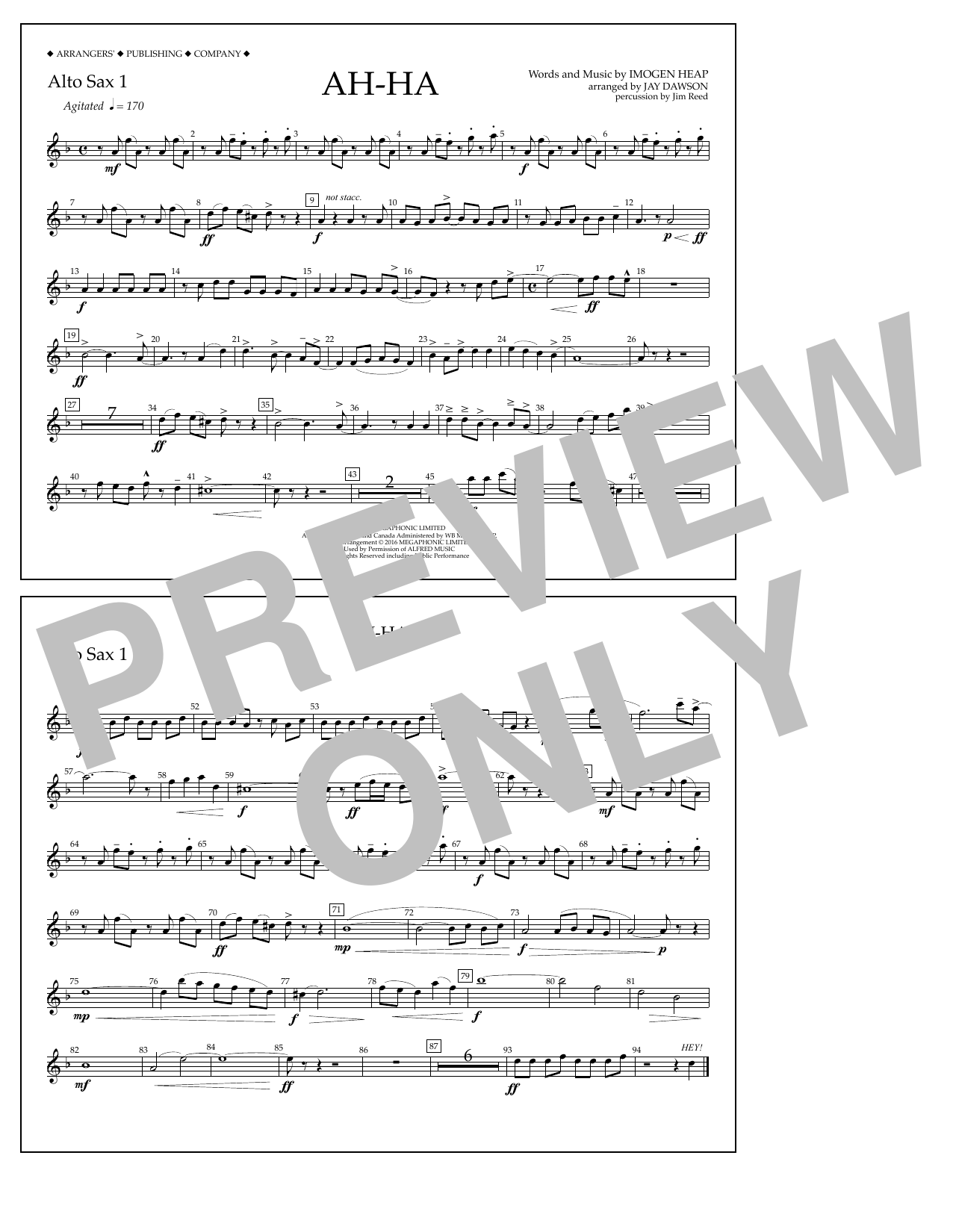 Download Jay Dawson Ah-ha - Alto Sax 1 Sheet Music and learn how to play Marching Band PDF digital score in minutes