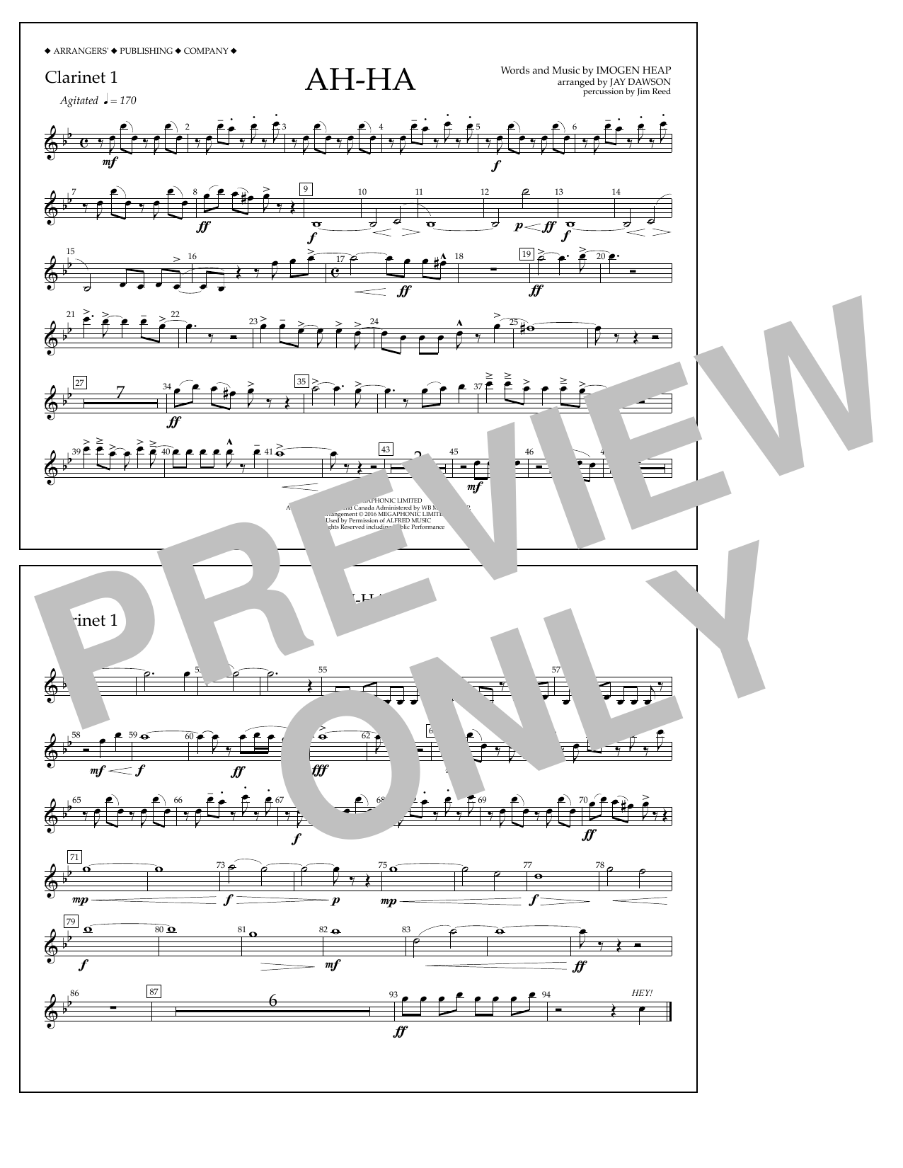 Download Jay Dawson Ah-ha - Clarinet 1 Sheet Music and learn how to play Marching Band PDF digital score in minutes