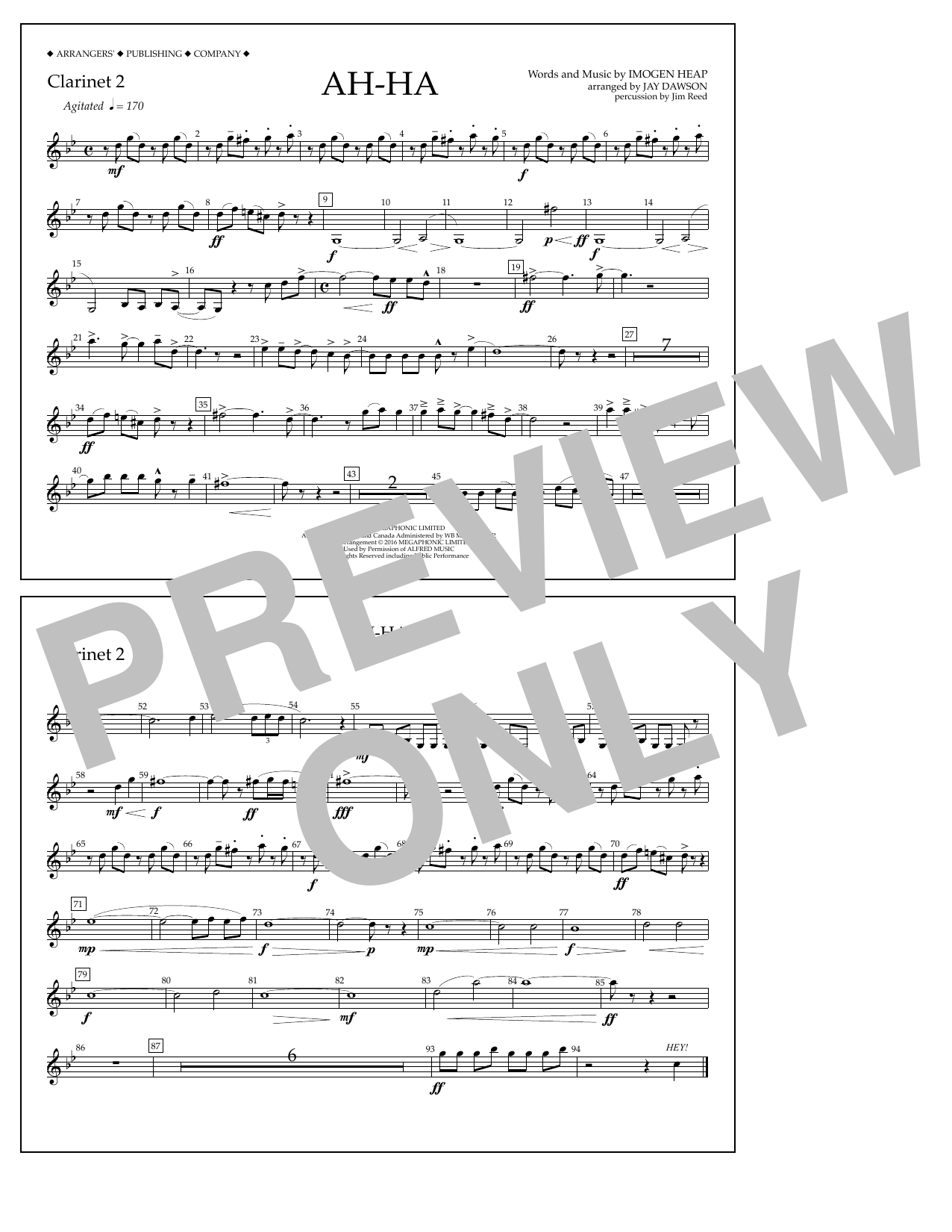Download Jay Dawson Ah-ha - Clarinet 2 Sheet Music and learn how to play Marching Band PDF digital score in minutes