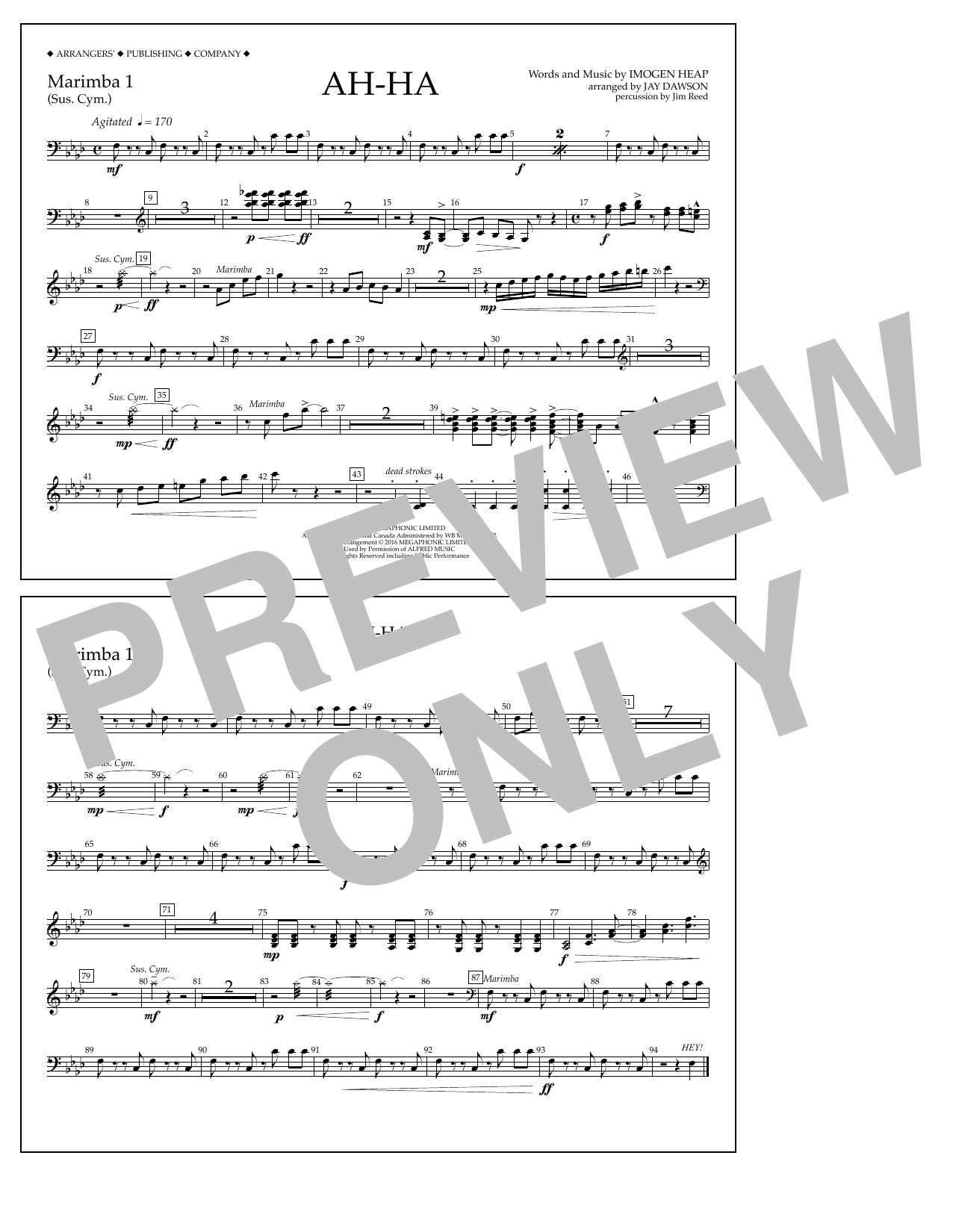 Download Jay Dawson Ah-ha - Marimba 1 Sheet Music and learn how to play Marching Band PDF digital score in minutes