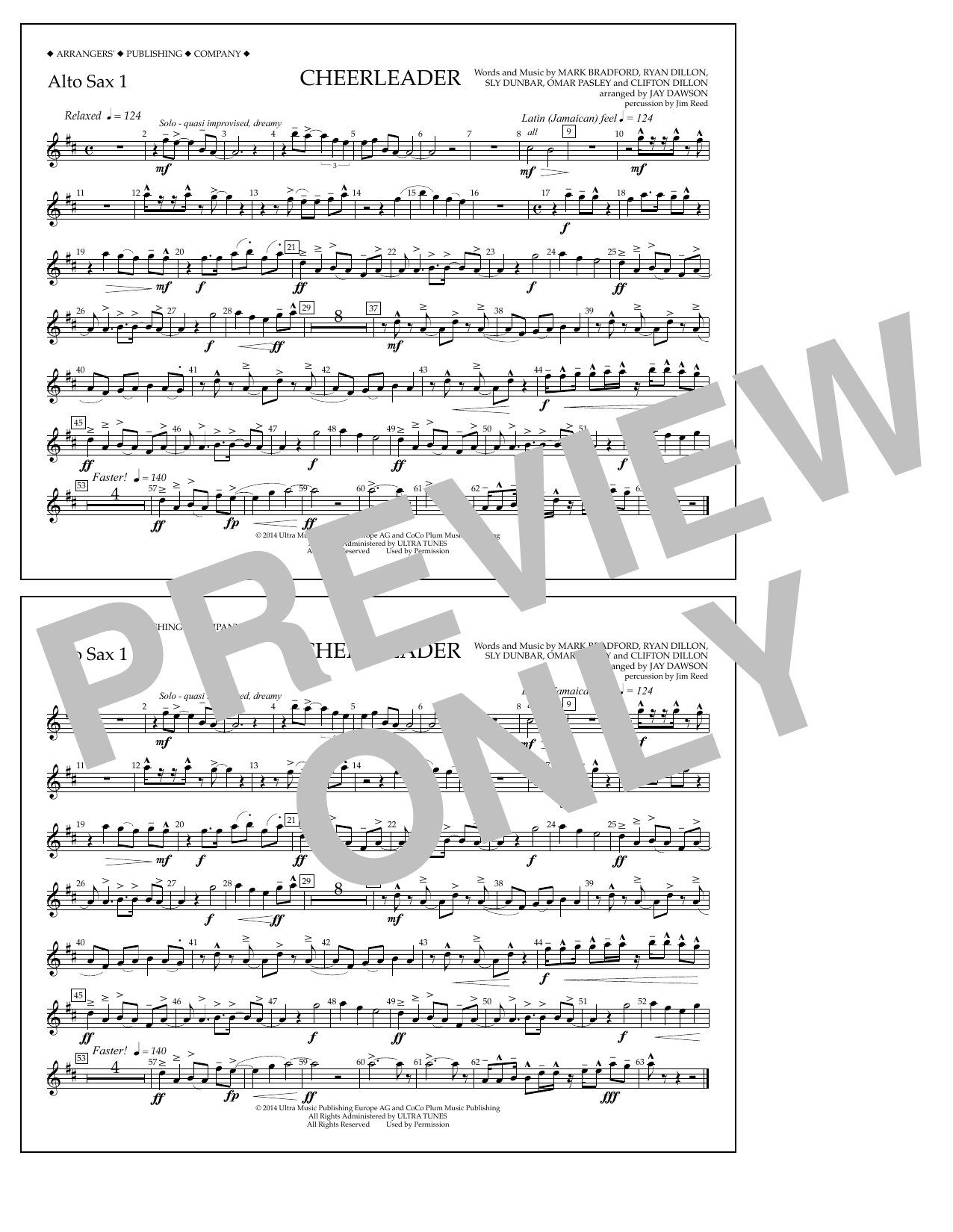 Download Jay Dawson Cheerleader - Alto Sax 1 Sheet Music and learn how to play Marching Band PDF digital score in minutes