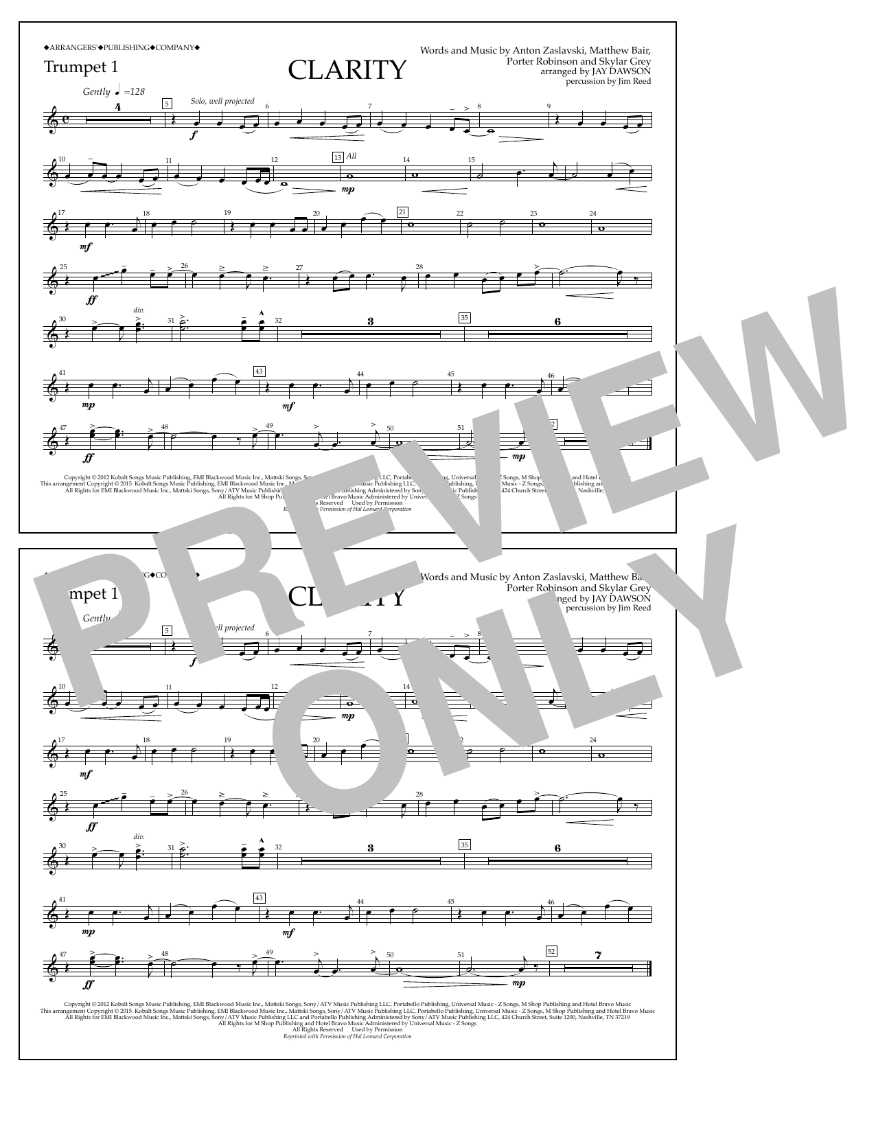 Download Jay Dawson Clarity - Trumpet 1 Sheet Music and learn how to play Marching Band PDF digital score in minutes