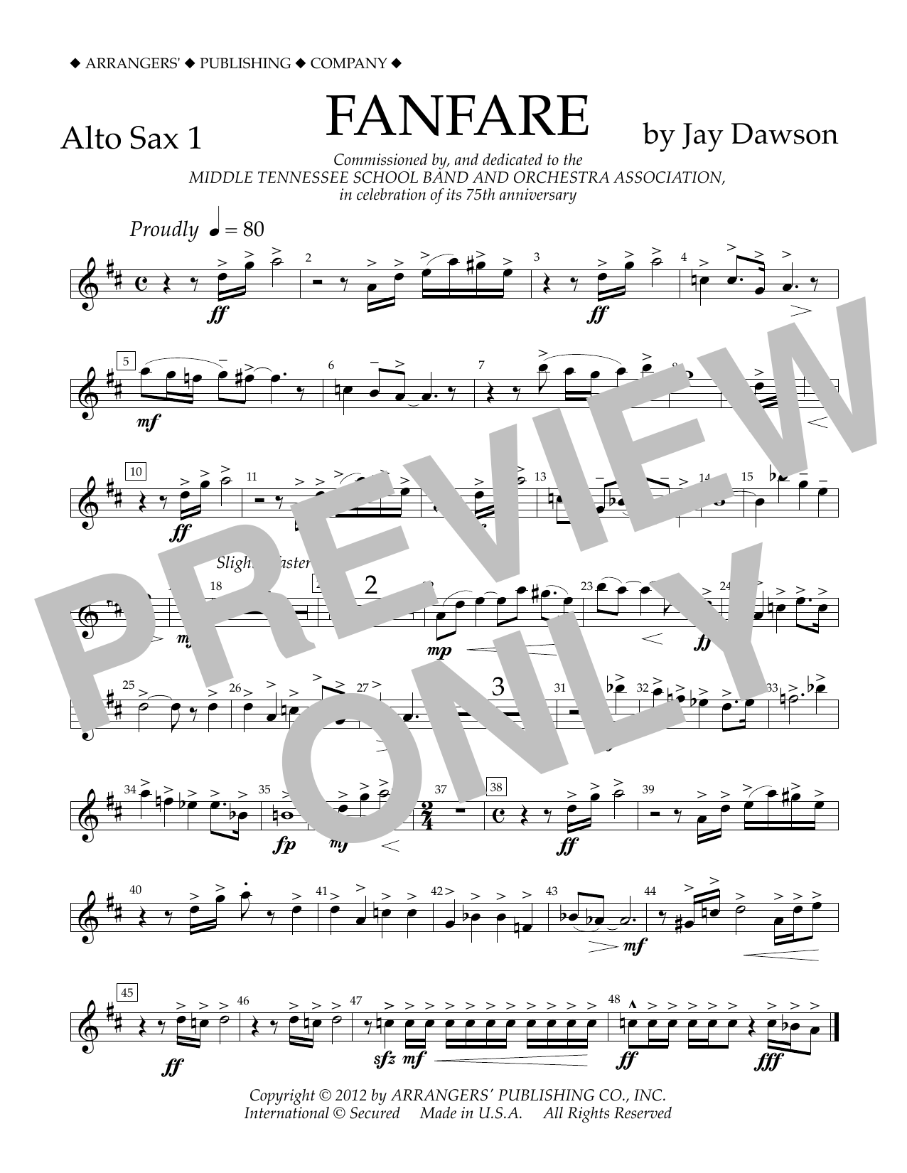 Download Jay Dawson Fanfare - Alto Sax 1 Sheet Music and learn how to play Concert Band PDF digital score in minutes