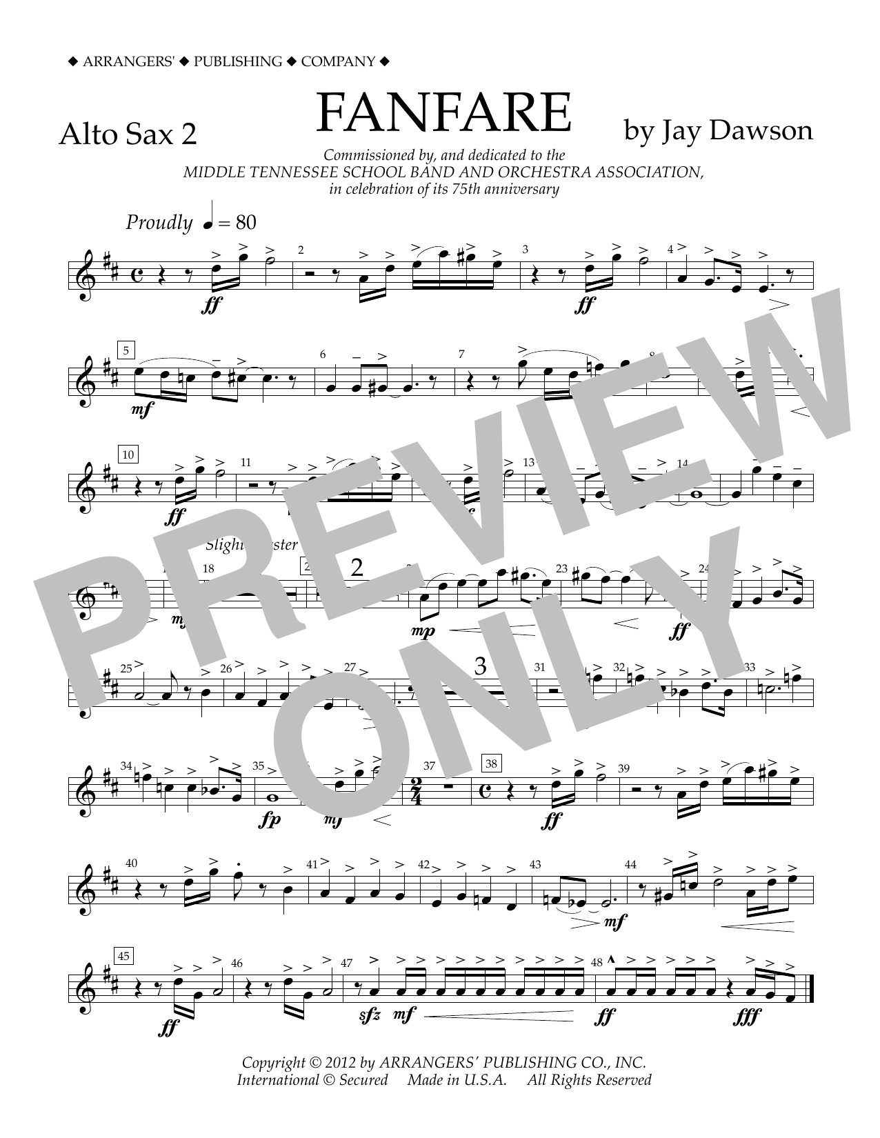 Download Jay Dawson Fanfare - Alto Sax 2 Sheet Music and learn how to play Concert Band PDF digital score in minutes