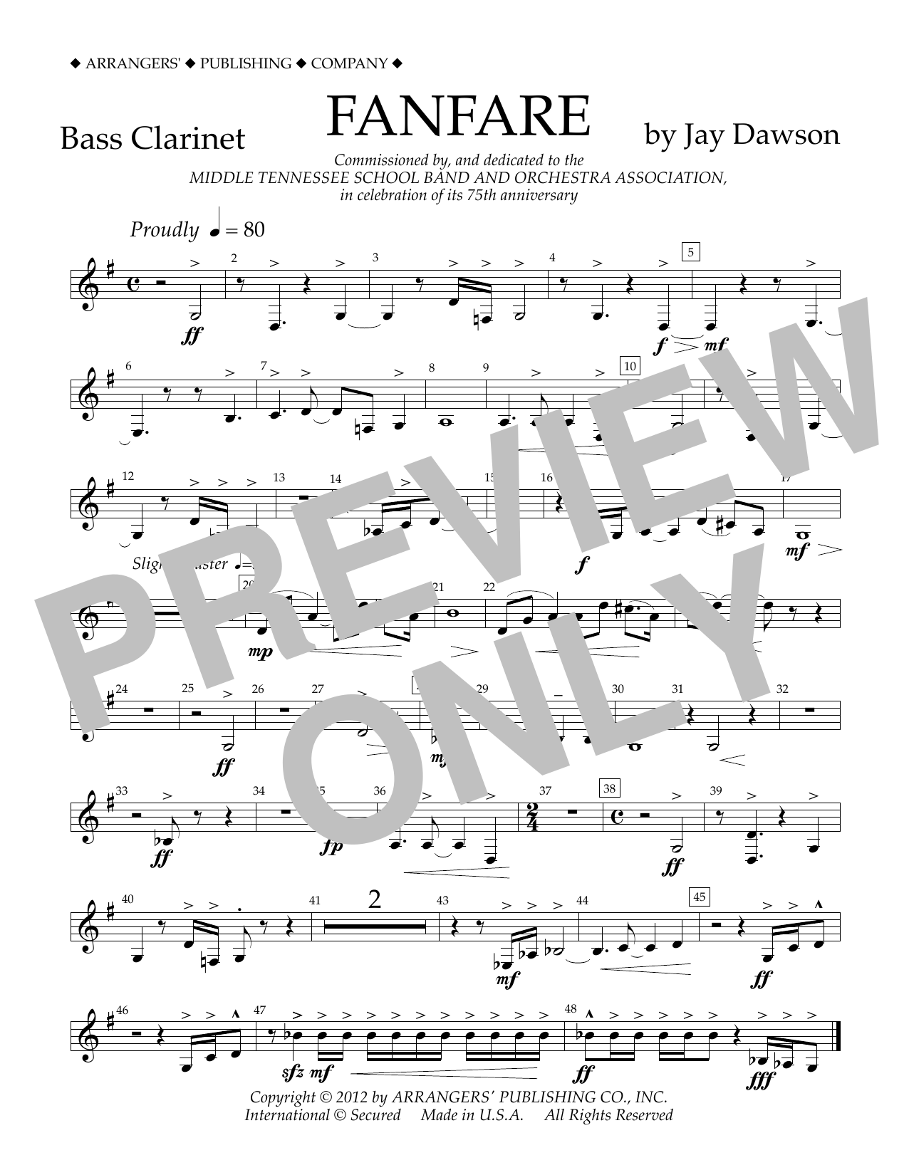 Download Jay Dawson Fanfare - Bass Clarinet Sheet Music and learn how to play Concert Band PDF digital score in minutes