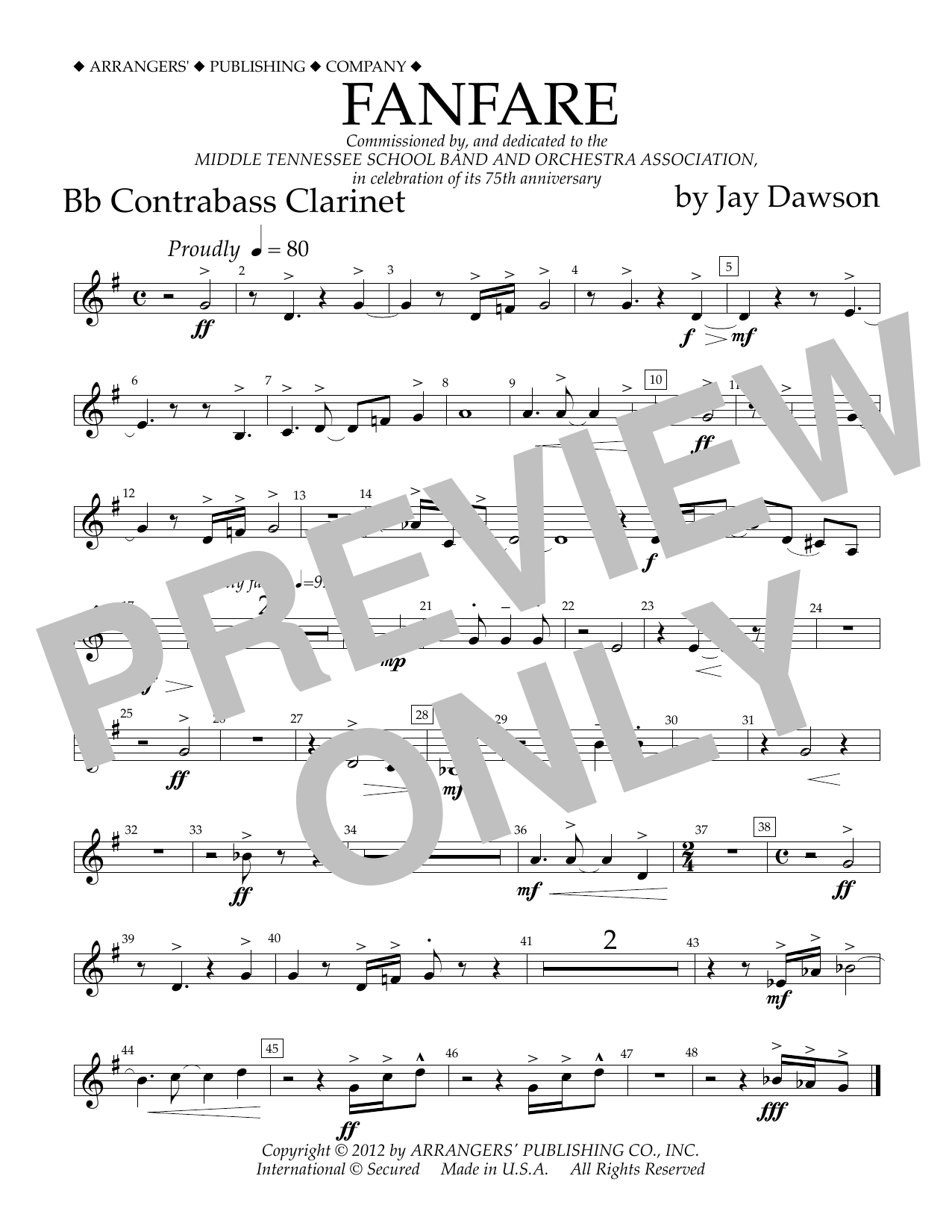 Download Jay Dawson Fanfare - Bb Contra Bass Clarinet Sheet Music and learn how to play Concert Band PDF digital score in minutes