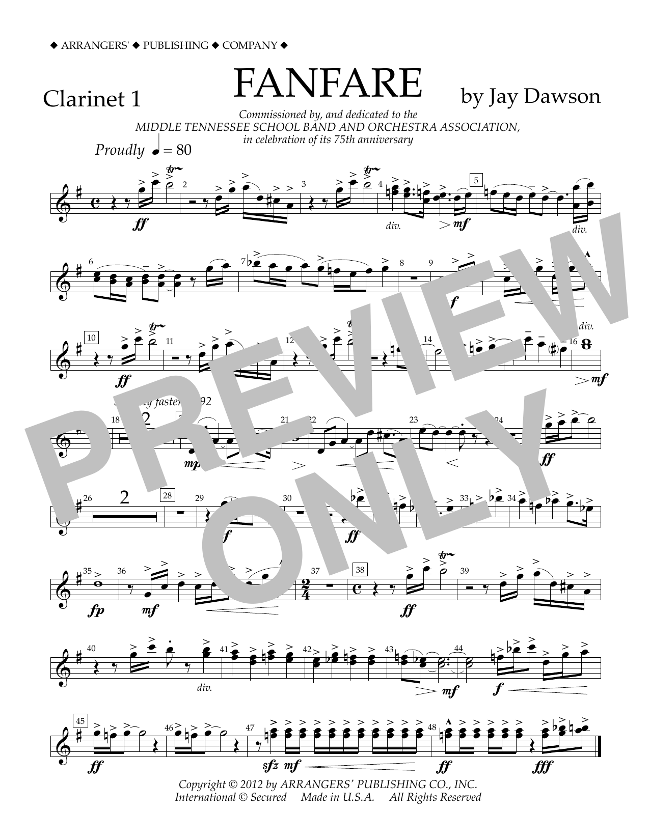 Download Jay Dawson Fanfare - Clarinet 1 Sheet Music and learn how to play Concert Band PDF digital score in minutes