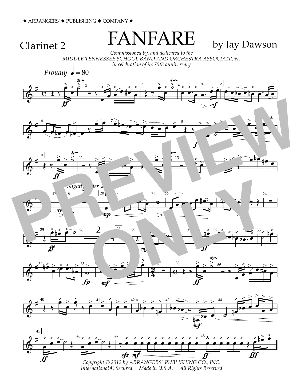 Download Jay Dawson Fanfare - Clarinet 2 Sheet Music and learn how to play Concert Band PDF digital score in minutes