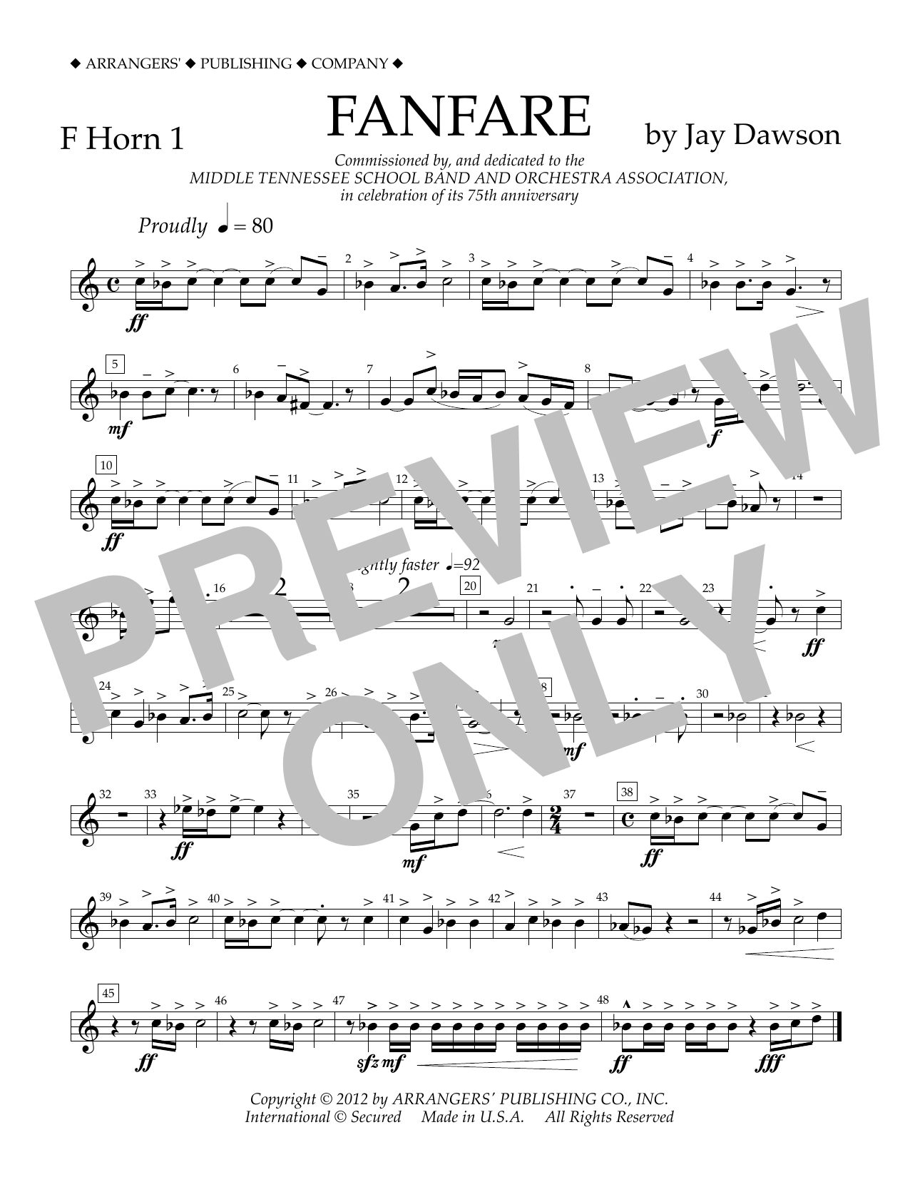 Download Jay Dawson Fanfare - F Horn 1 Sheet Music and learn how to play Concert Band PDF digital score in minutes