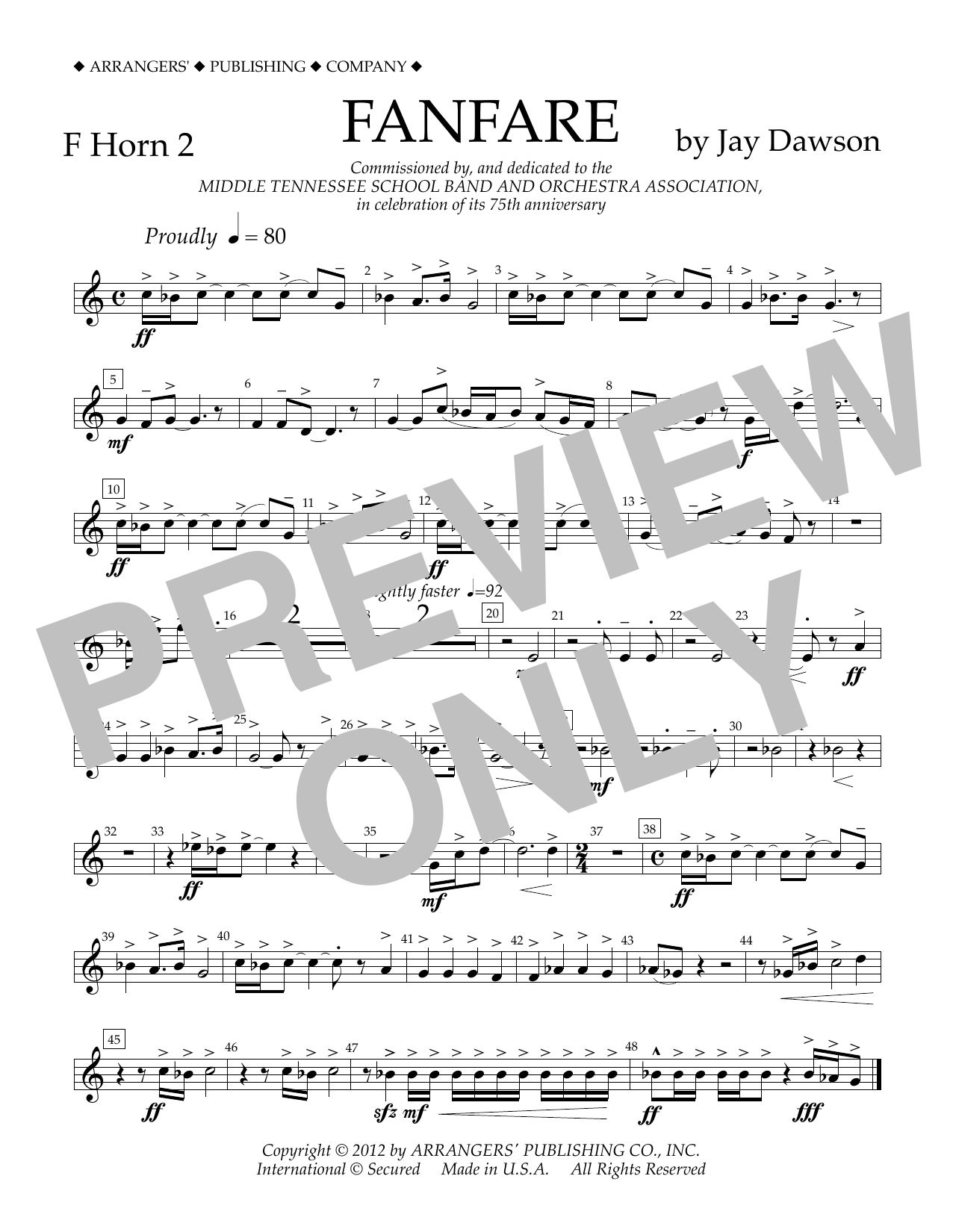 Download Jay Dawson Fanfare - F Horn 2 Sheet Music and learn how to play Concert Band PDF digital score in minutes
