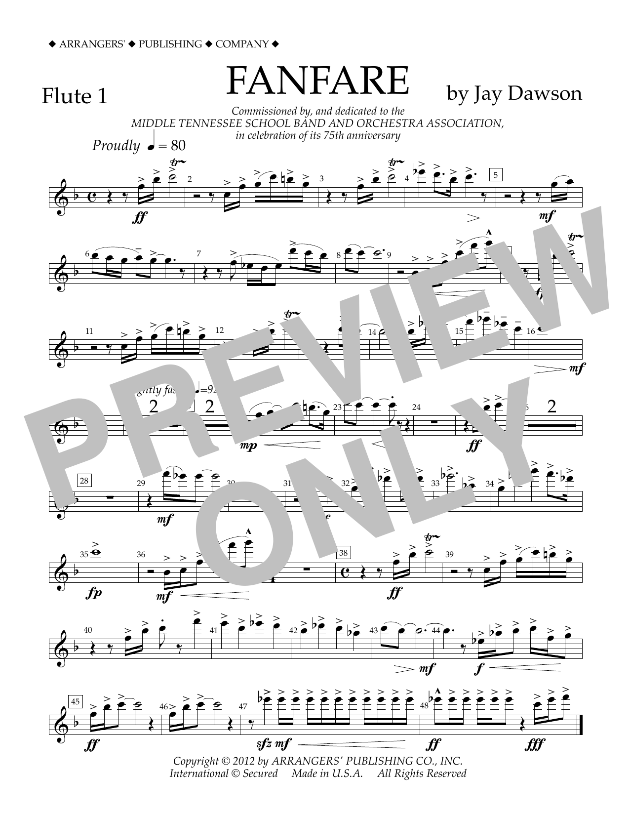 Download Jay Dawson Fanfare - Flute 1 Sheet Music and learn how to play Concert Band PDF digital score in minutes