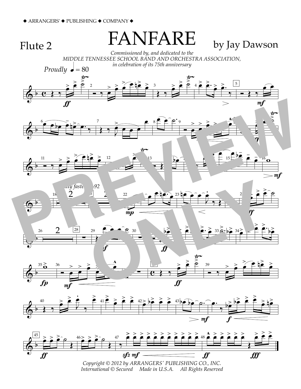 Download Jay Dawson Fanfare - Flute 2 Sheet Music and learn how to play Concert Band PDF digital score in minutes