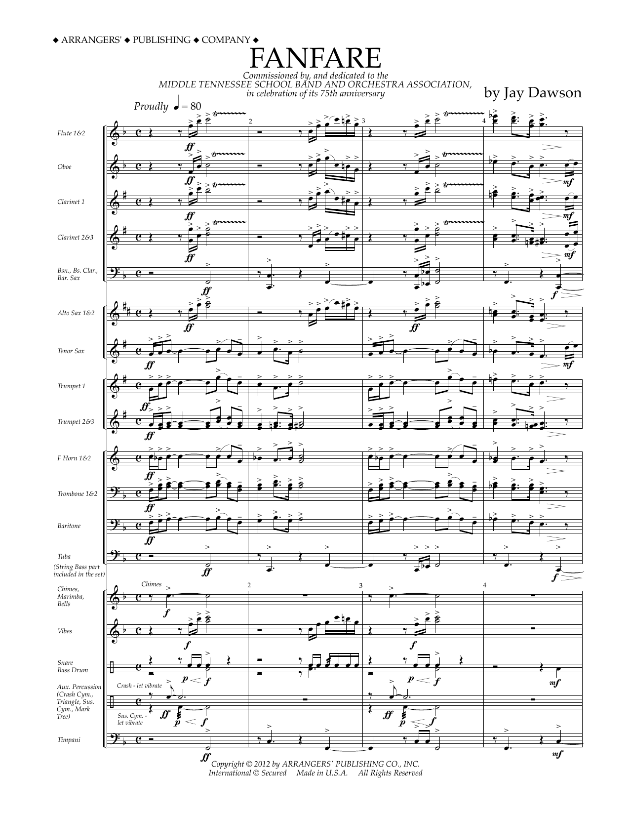 Download Jay Dawson Fanfare - Full Score Sheet Music and learn how to play Concert Band PDF digital score in minutes