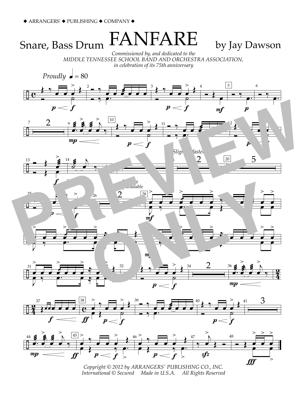 Download Jay Dawson Fanfare - Snare, Bass Drum Sheet Music and learn how to play Concert Band PDF digital score in minutes