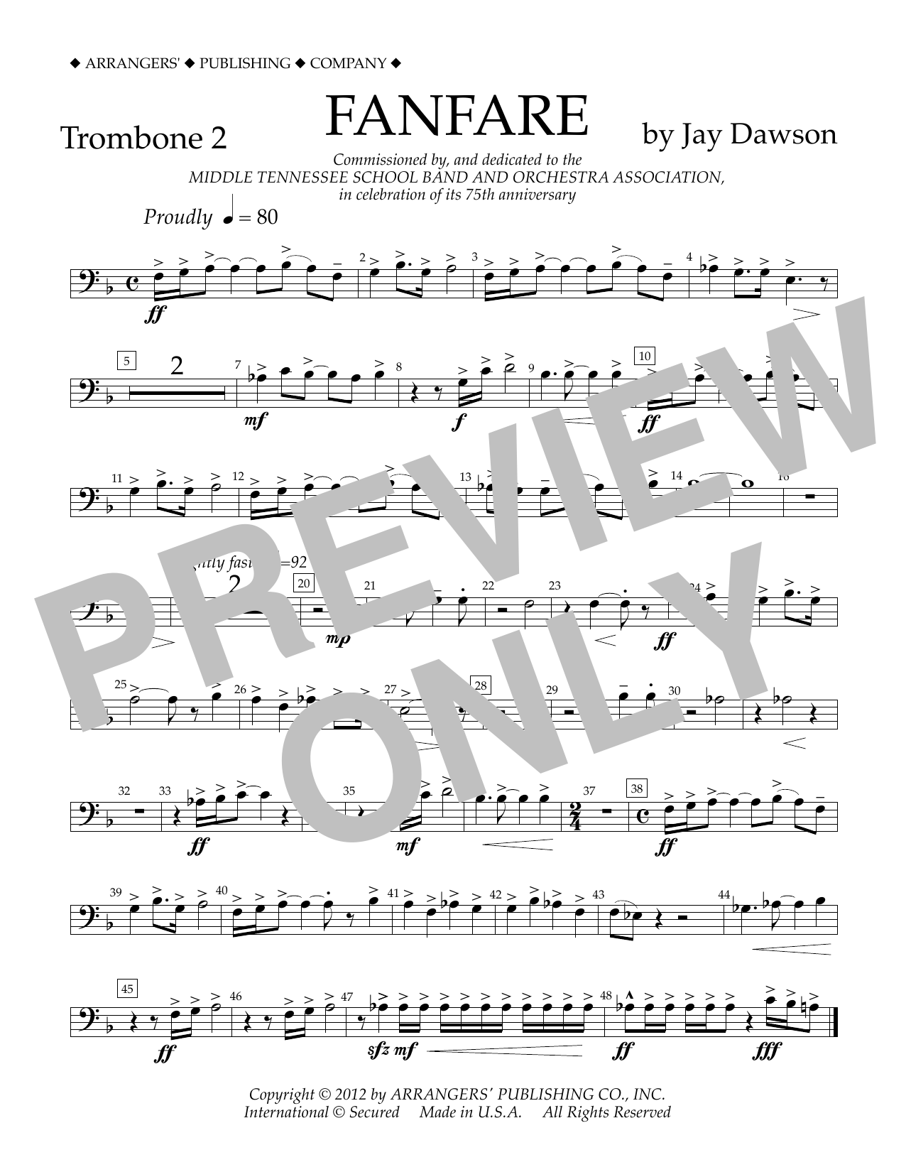 Download Jay Dawson Fanfare - Trombone 2 Sheet Music and learn how to play Concert Band PDF digital score in minutes