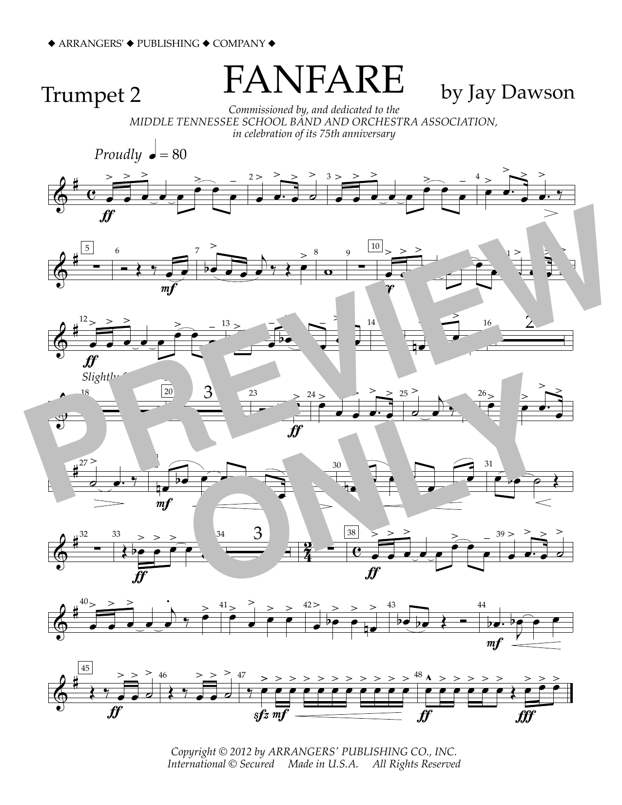 Download Jay Dawson Fanfare - Trumpet 2 Sheet Music and learn how to play Concert Band PDF digital score in minutes