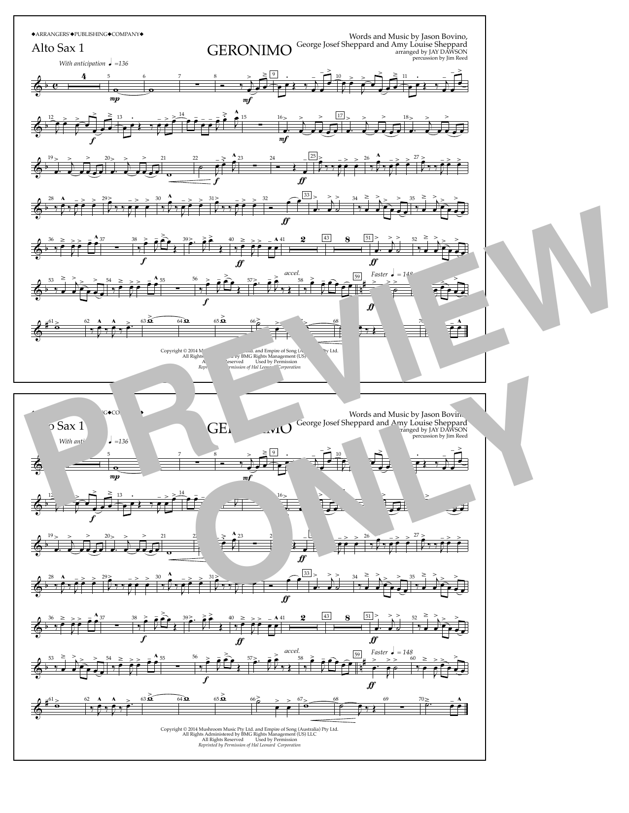 Download Jay Dawson Geronimo - Alto Sax 1 Sheet Music and learn how to play Marching Band PDF digital score in minutes