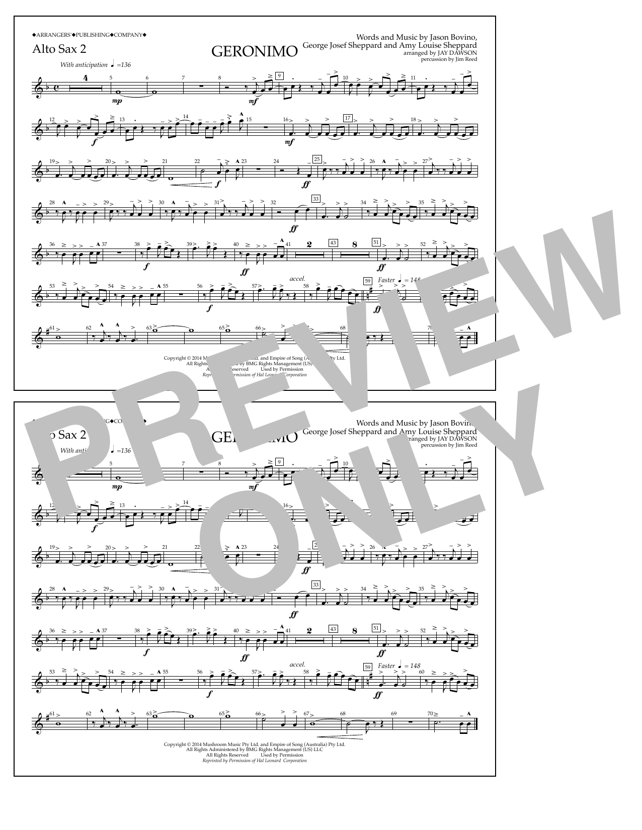 Download Jay Dawson Geronimo - Alto Sax 2 Sheet Music and learn how to play Marching Band PDF digital score in minutes