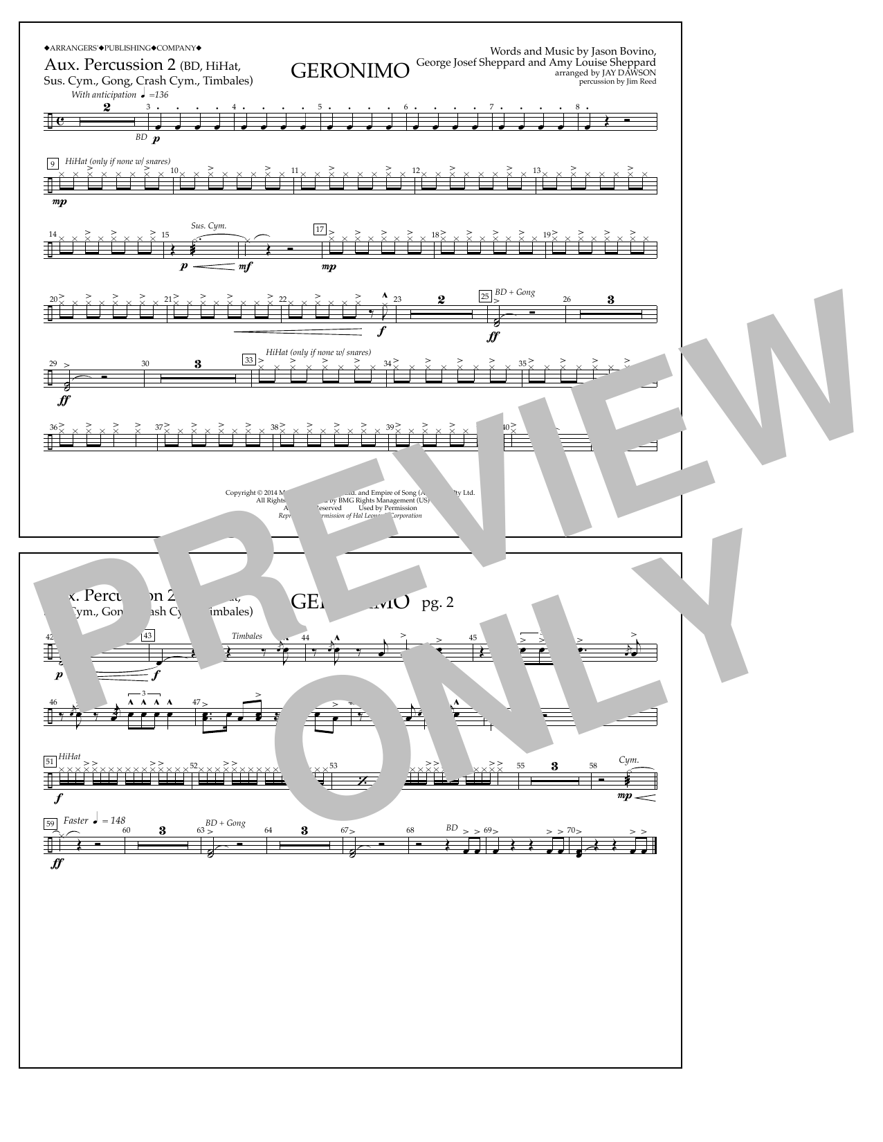 Download Jay Dawson Geronimo - Aux. Perc. 2 Sheet Music and learn how to play Marching Band PDF digital score in minutes