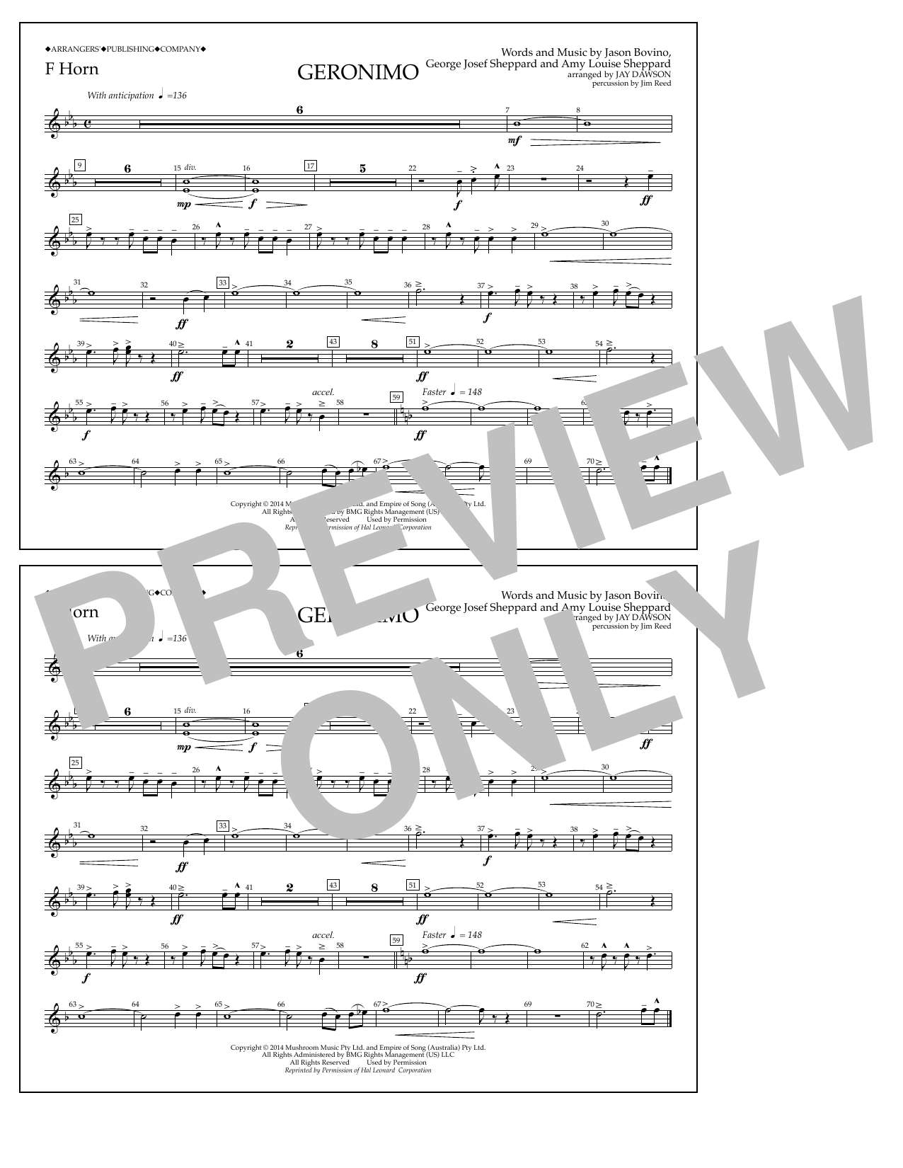 Download Jay Dawson Geronimo - F Horn Sheet Music and learn how to play Marching Band PDF digital score in minutes