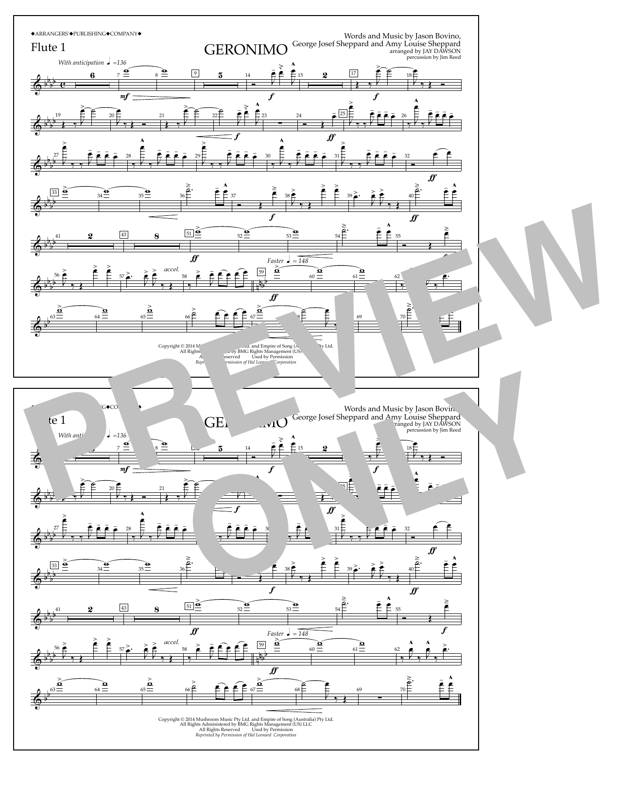 Download Jay Dawson Geronimo - Flute 1 Sheet Music and learn how to play Marching Band PDF digital score in minutes