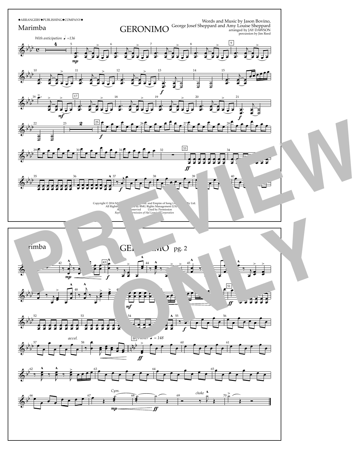Download Jay Dawson Geronimo - Marimba Sheet Music and learn how to play Marching Band PDF digital score in minutes