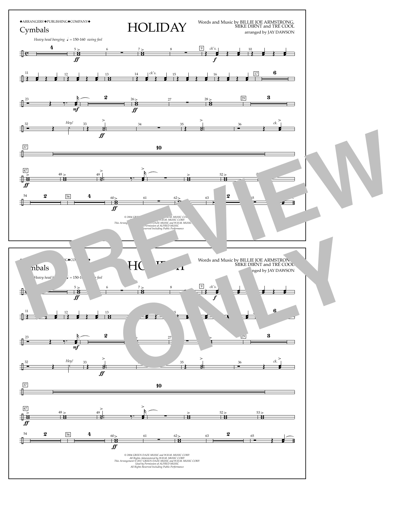 Download Jay Dawson Holiday - Cymbals Sheet Music and learn how to play Marching Band PDF digital score in minutes