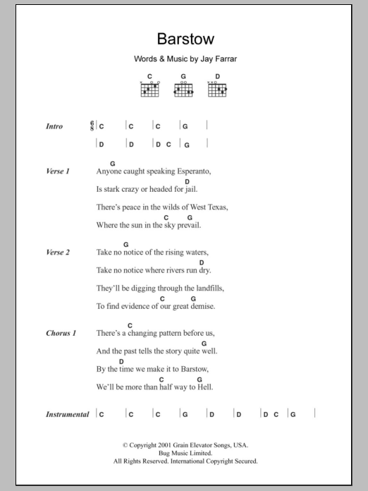 Download Jay Farrar Barstow Sheet Music and learn how to play Lyrics & Chords PDF digital score in minutes