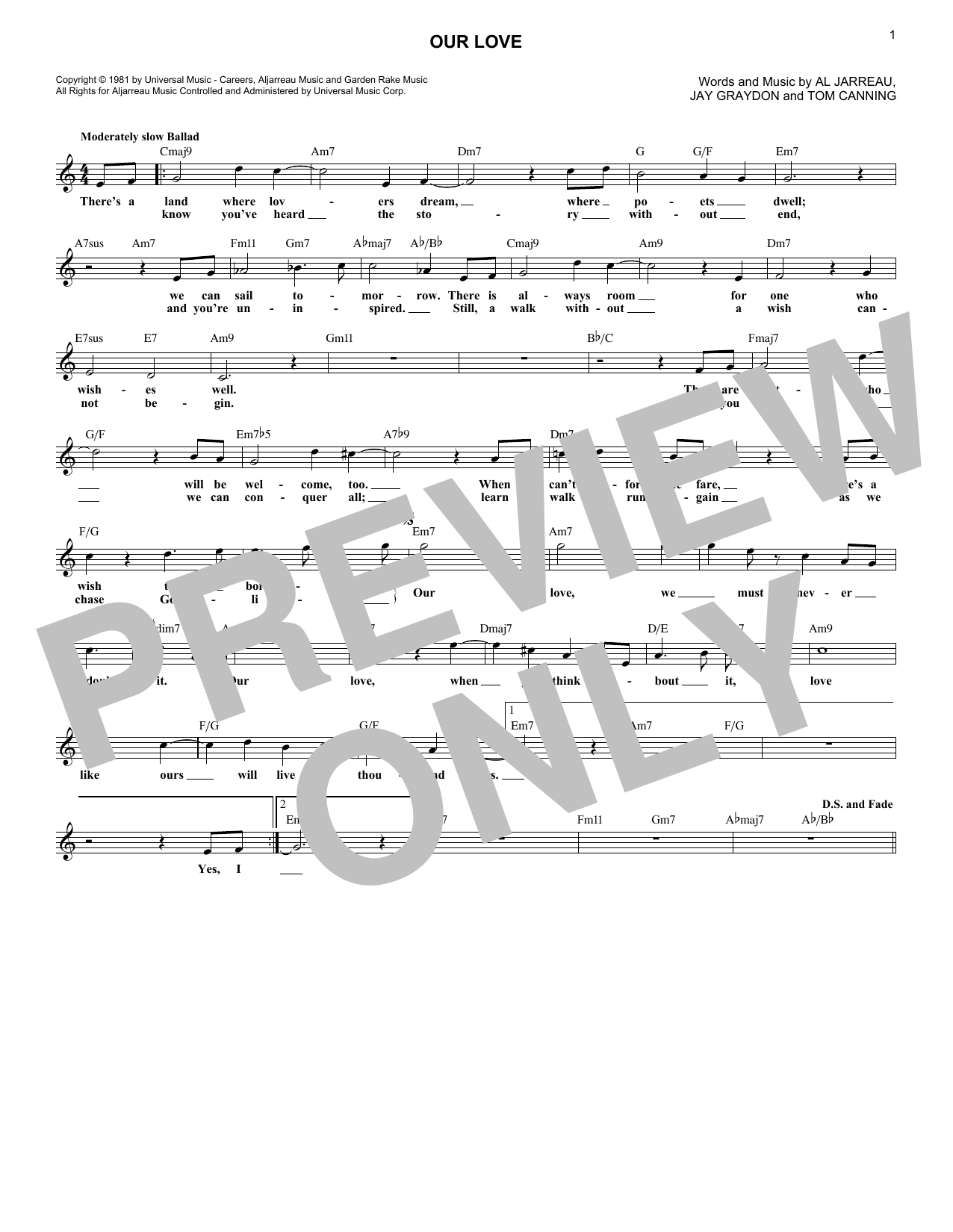 Download Jay Graydon Our Love Sheet Music and learn how to play Lead Sheet / Fake Book PDF digital score in minutes