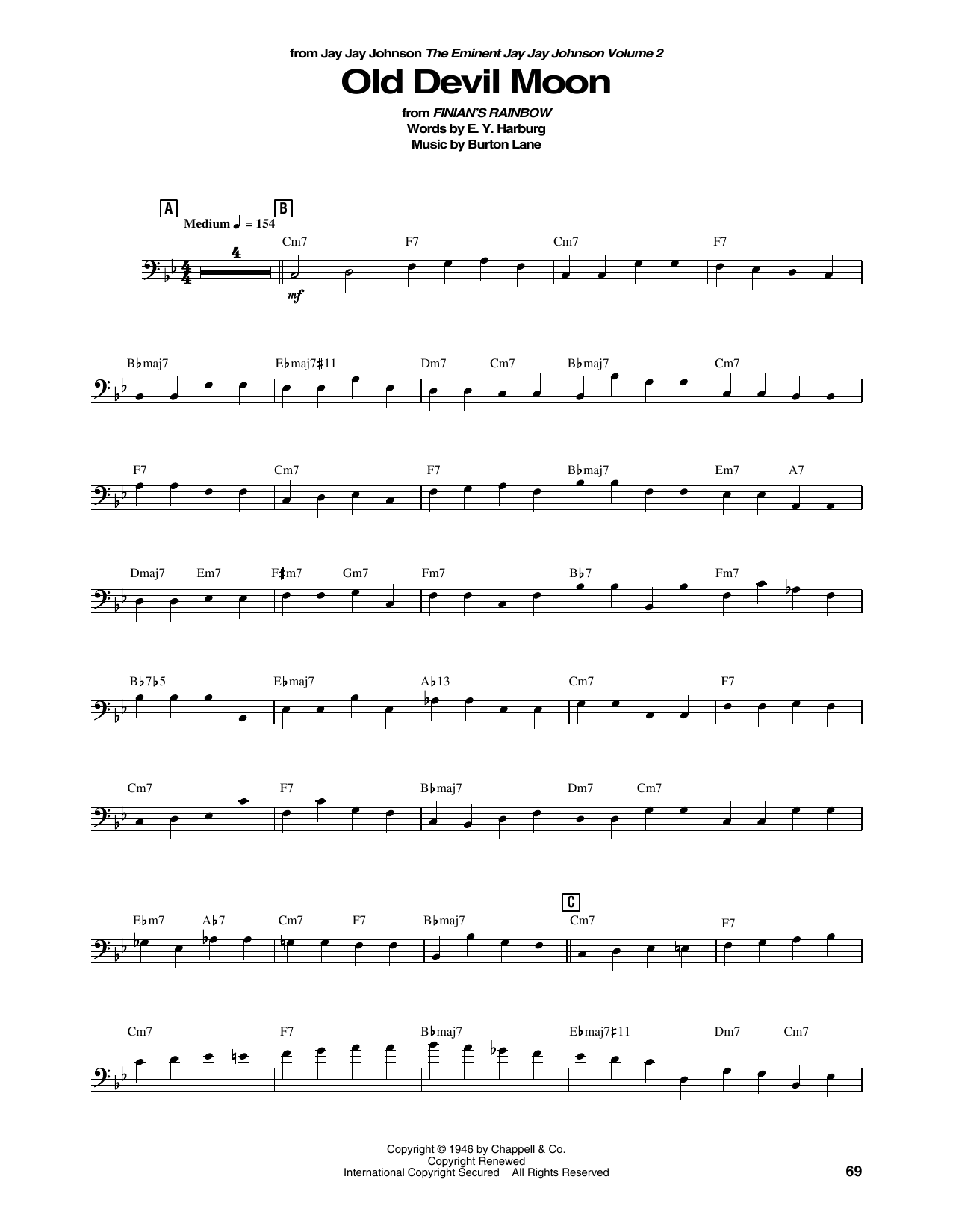 Download Jay Jay Johnson Old Devil Moon Sheet Music and learn how to play String Bass Transcription PDF digital score in minutes