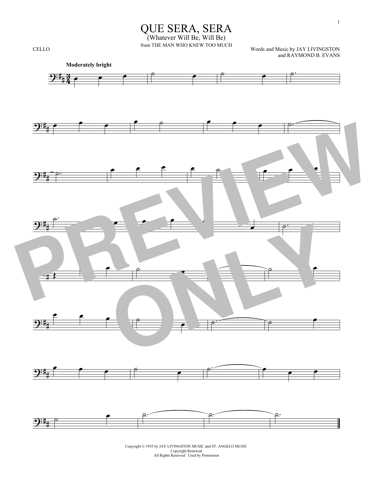 Download Jay Livingston Que Sera, Sera (Whatever Will Be, Will Be) Sheet Music and learn how to play Cello PDF digital score in minutes