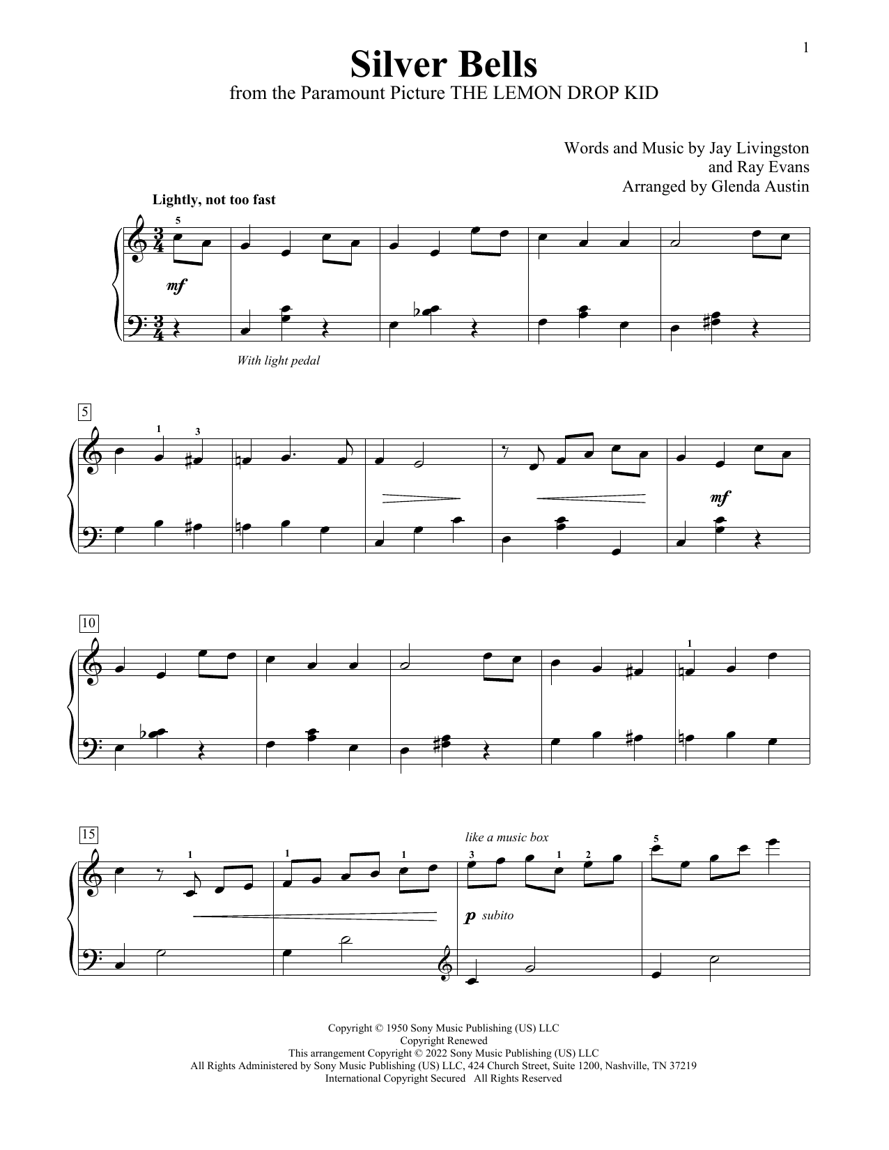Download Jay Livingston & Ray Evans Silver Bells (arr. Glenda Austin) Sheet Music and learn how to play Educational Piano PDF digital score in minutes
