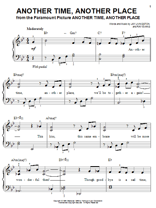 Download Jay Livingston Another Time, Another Place Sheet Music and learn how to play Easy Piano PDF digital score in minutes