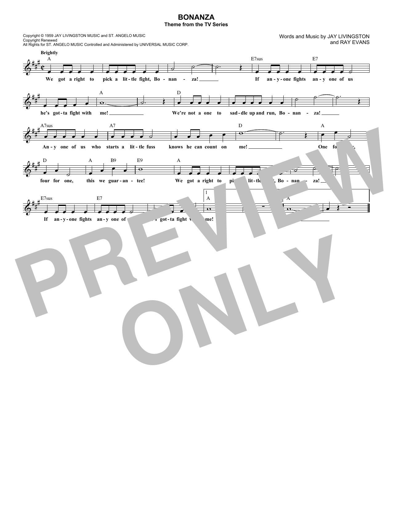 Download Jay Livingston Bonanza Sheet Music and learn how to play Lead Sheet / Fake Book PDF digital score in minutes