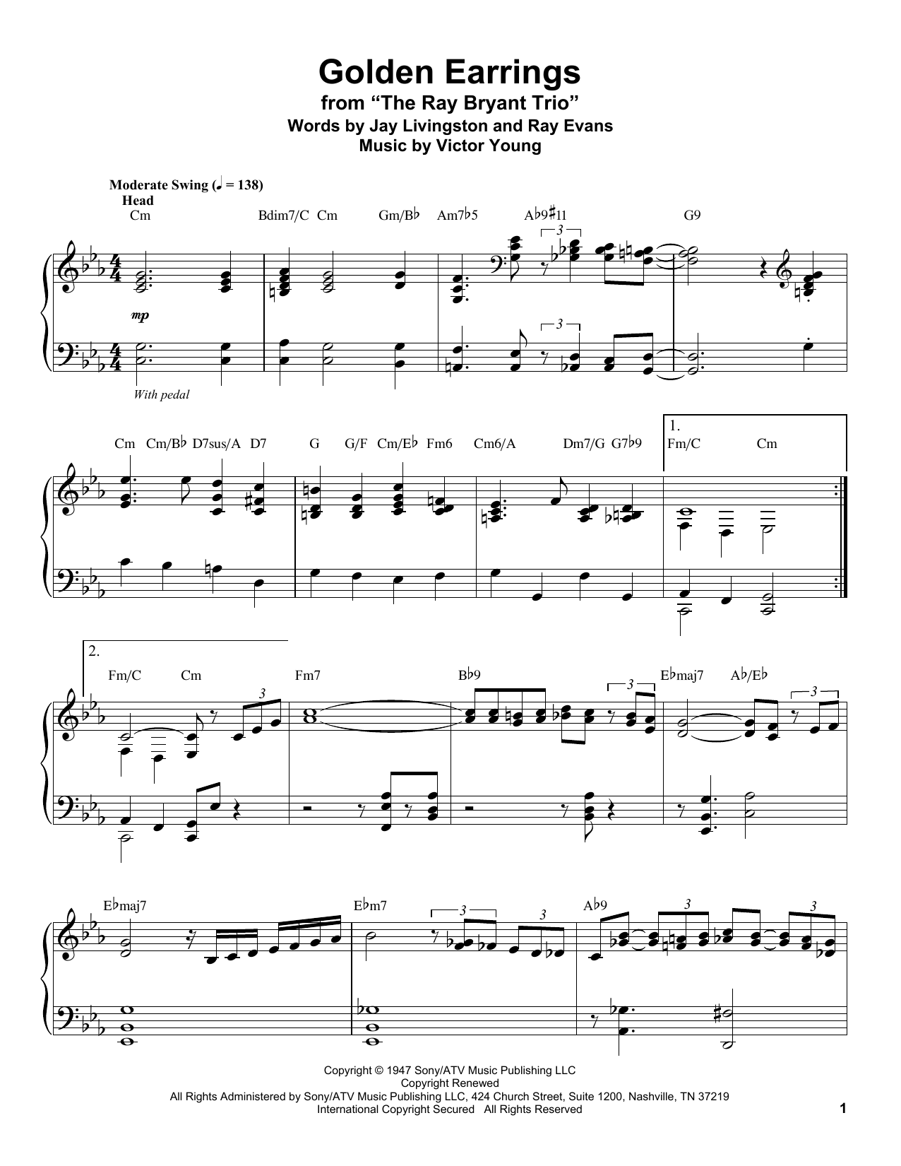 Download Jay Livingston Golden Earrings Sheet Music and learn how to play Piano Transcription PDF digital score in minutes