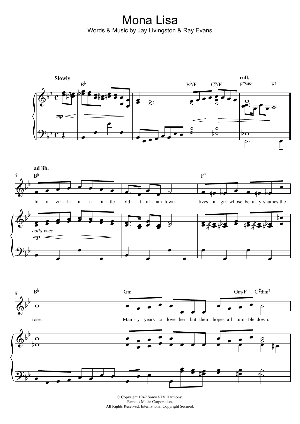 Download Jay Livingston Mona Lisa Sheet Music and learn how to play Piano, Vocal & Guitar (Right-Hand Melody) PDF digital score in minutes