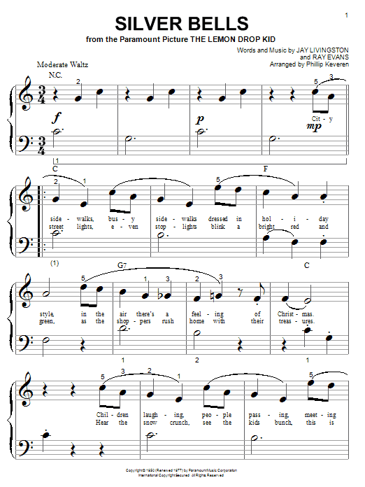 Download Jay Livingston Silver Bells Sheet Music and learn how to play Easy Piano (Big Notes) PDF digital score in minutes