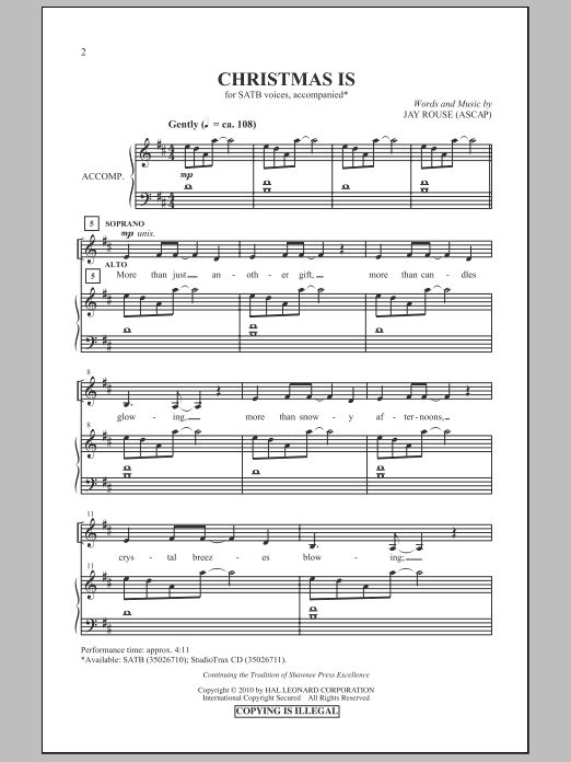 Download Jay Rouse Christmas Is Sheet Music and learn how to play SATB Choir PDF digital score in minutes