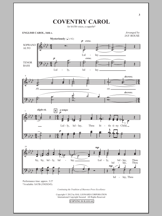 Download Jay Rouse Coventry Carol Sheet Music and learn how to play SATB PDF digital score in minutes