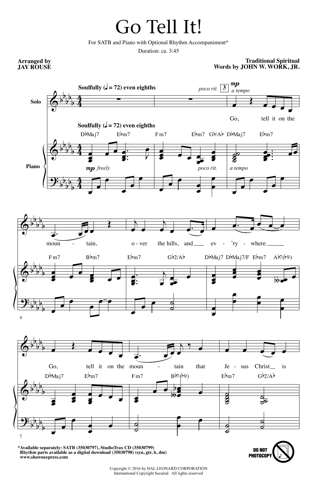 Download Traditional Spiritual Go Tell It! (arr. Jay Rouse) Sheet Music and learn how to play SATB PDF digital score in minutes
