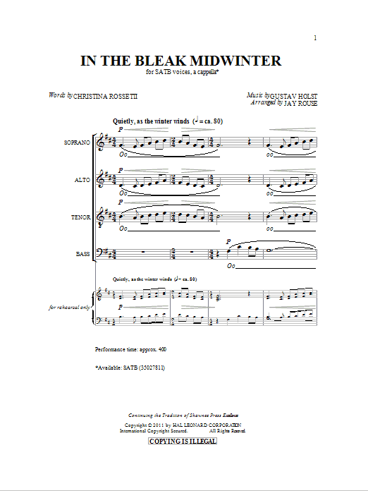 Download Jay Rouse In The Bleak Midwinter Sheet Music and learn how to play SATB PDF digital score in minutes