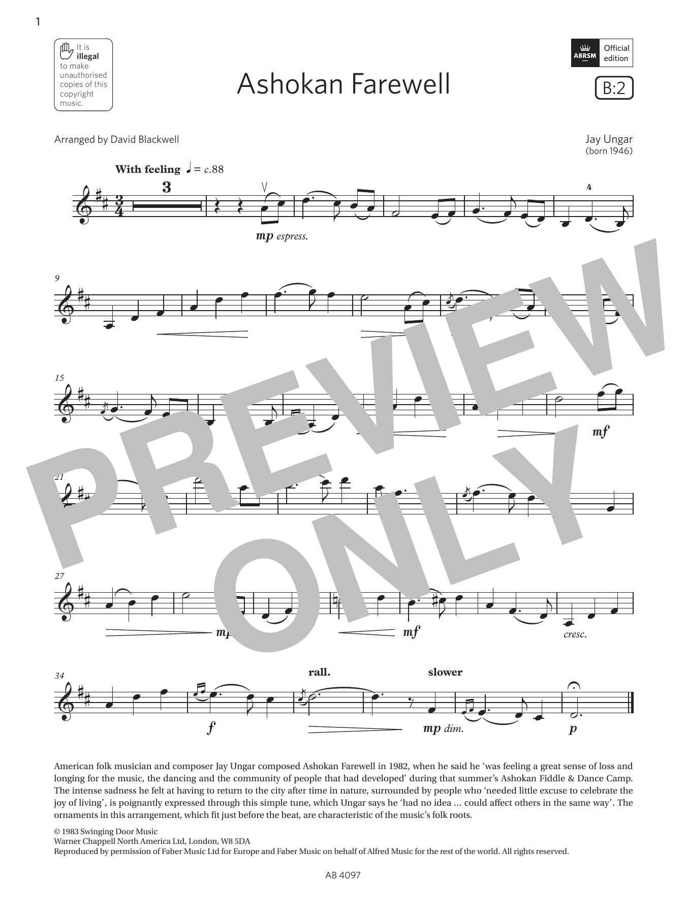 Download Jay Ungar Ashokan Farewell (Grade 3, B2, from the ABRSM Violin Syllabus from 2024) Sheet Music and learn how to play Violin Solo PDF digital score in minutes