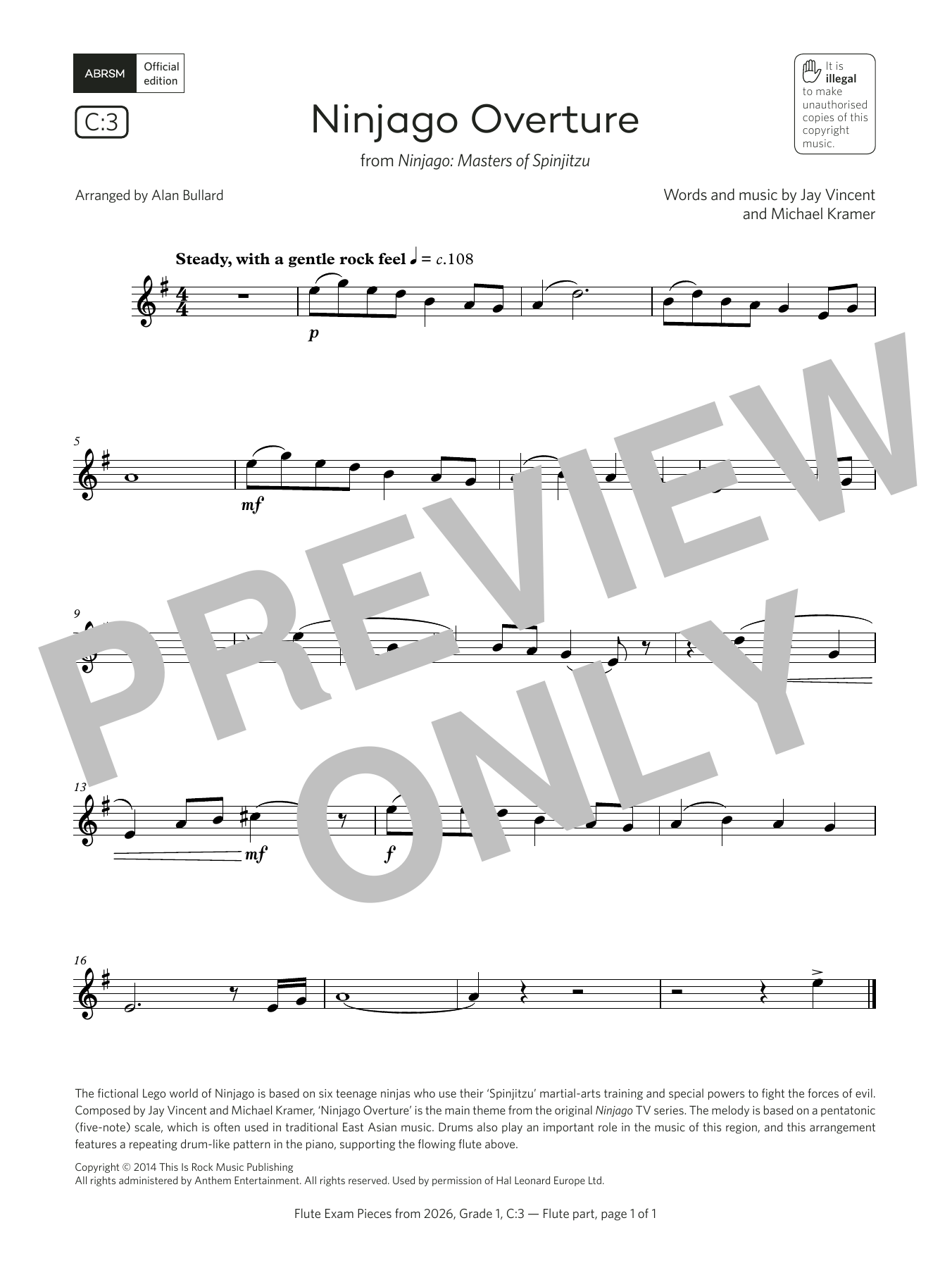 Download Jay Vincent Ninjago Overture (Grade 1, list C3, from the ABRSM Flute Syllabus from 2026) Sheet Music and learn how to play Flute Solo PDF digital score in minutes