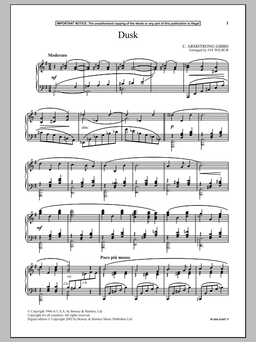 Download Jay Wilbur Dusk Sheet Music and learn how to play Piano PDF digital score in minutes
