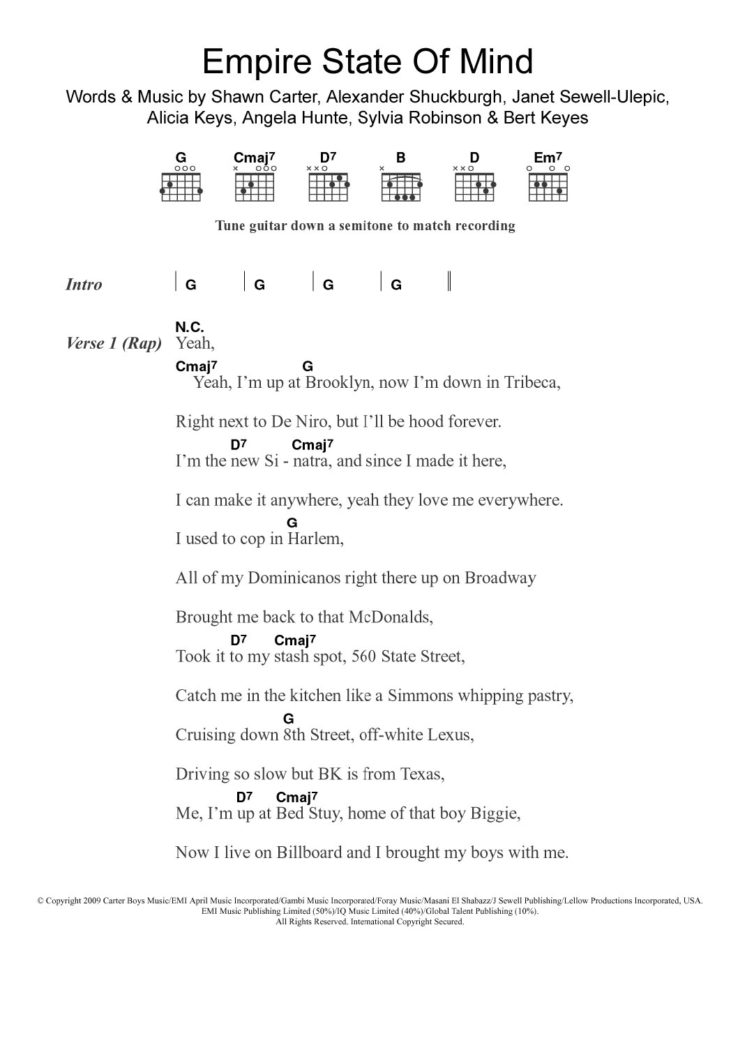 Download Jay-Z Empire State Of Mind (featuring Alicia Keys) Sheet Music and learn how to play Guitar Chords/Lyrics PDF digital score in minutes